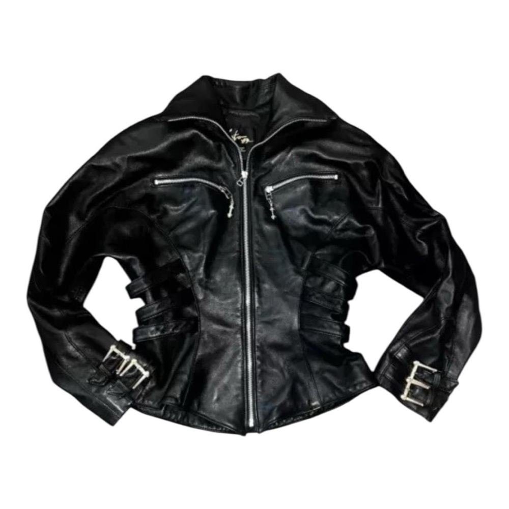 Cool vintage Black Leather Jacket with Buckle Accents